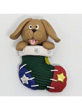 Vtg Dog In Christmas Stocking Brooch Pin Handmade Polymer Clay Holiday Jewelry